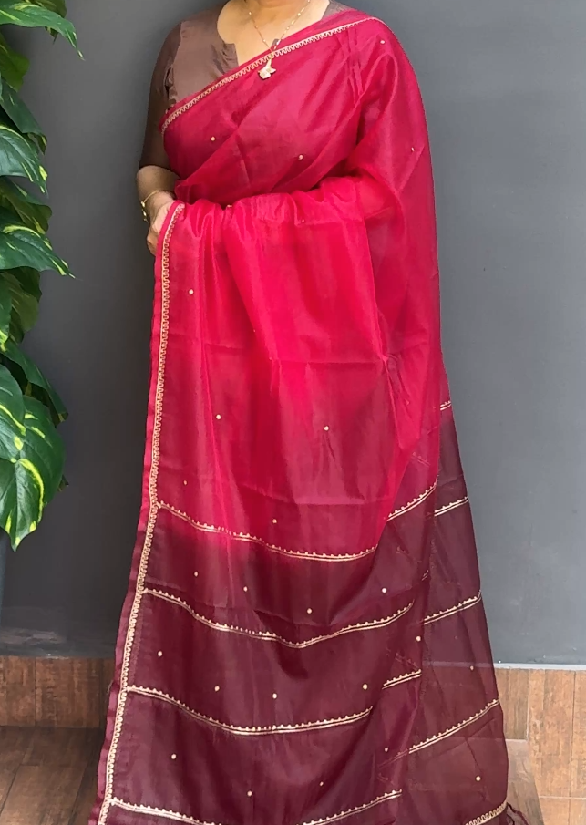 1827SR12 | Rani Pink With Burgundy Organza Saree W/ Full Body Golden Zari Woven Butti Work W/ Border & Pallu