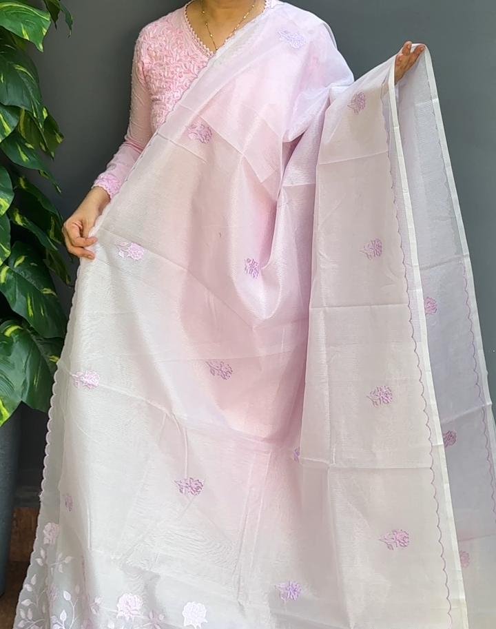 1844SR15 | Lailac Blended Lavender Supernet Cotta Saree W/ Full Body Floral Applique Embroidery Work W/ Scallop Border & Pallu