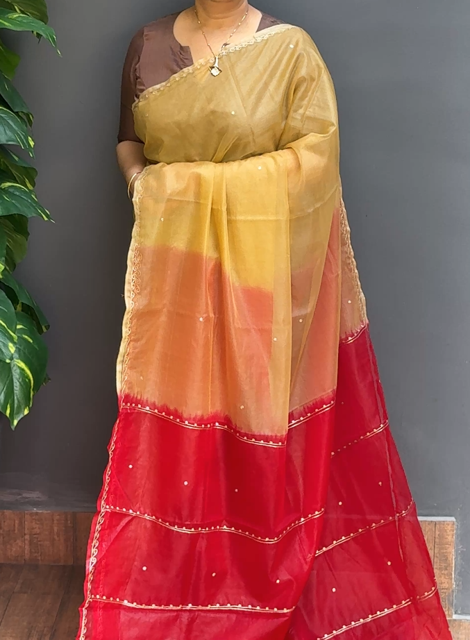 1827SR16 | Beige Blended Chikku With Red Organza Saree W/ Full Body Golden Zari Woven Butti Work W/ Border & Pallu