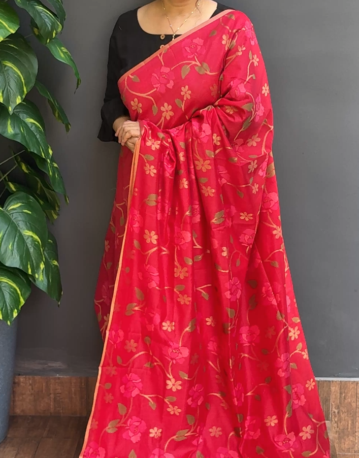 1845SR16 | Tomato Red Pure Chanderi Saree W/ Full Body Multicolor Floral Jamdhani Thread Woven Design W/ Border & Pallu (WITHOUT BLOUSE)