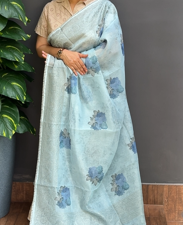 1857SR17 | Powder Blue Silky Cotta Saree W/ Full Body Floral Design W/ Border & Pallu