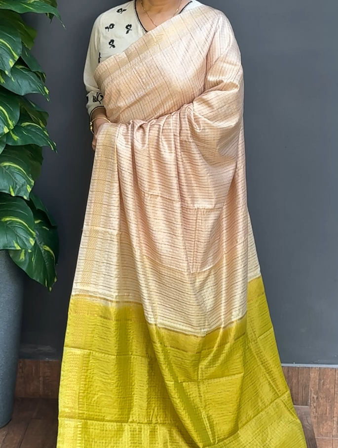 1826SR02 | Ivory Blended Chikku Soft Semi Tussar Silk Saree W/ Full Body Golden Zari Checkered Pattern W/ Border & Contrast Pallu