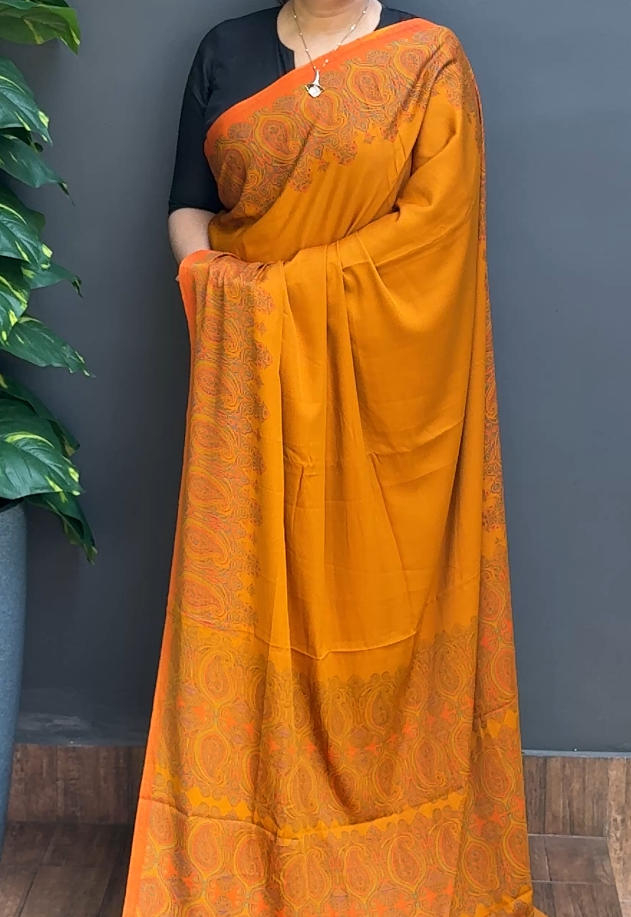 1833SR02 | Dark Mustard Yellow Blended Rustic Soft Semi Crepe Silk Saree W/Ajrakh Border & Pallu