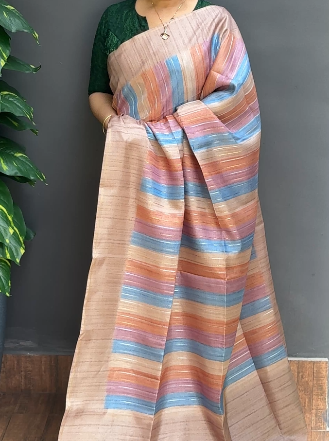 1828SR02 | Multicolor Soft Semi Tussar Saree W/ Full Body Multicolor Vertical Stripe Pattern W/ Border & Pallu