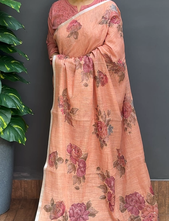 1840SR02 | Peach Semi Linen Saree W/ Full Body Multicolor Floral Digital Print-Kantha Work