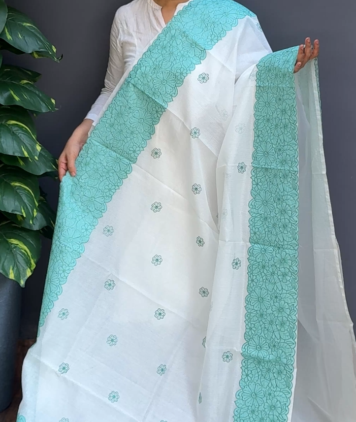 1853SR02 | White Supernet Cotta Saree W/ Full Body Floral Embroidery Motifs-Applique Work Border & Pallu