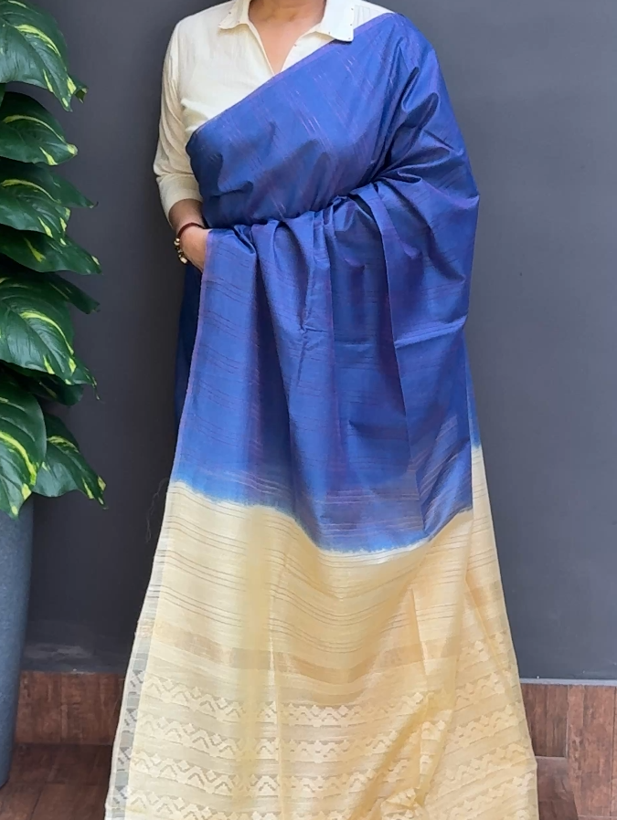 1856SR02 | Royal Blue Soft Semi Tussar Silk Saree W/ Full Body Stripe Pattern W/ Contrast Pallu