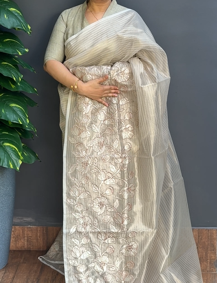 1801SR03 | Grey Tinted Chikku Tissue Saree W/ Full Body Floral-Applique Thread Embroidery Work W/ Pallu