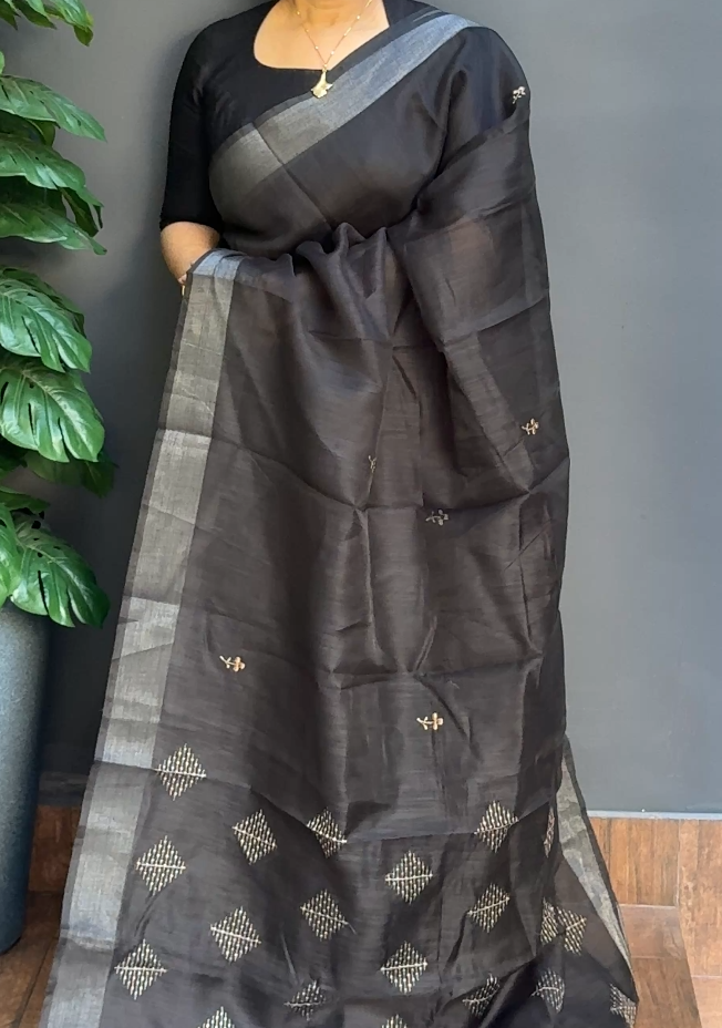 1720SR03 | Black Soft Semi Chanderi Saree W/ Full Body Thread Embroidery Work W/ Border & Pallu