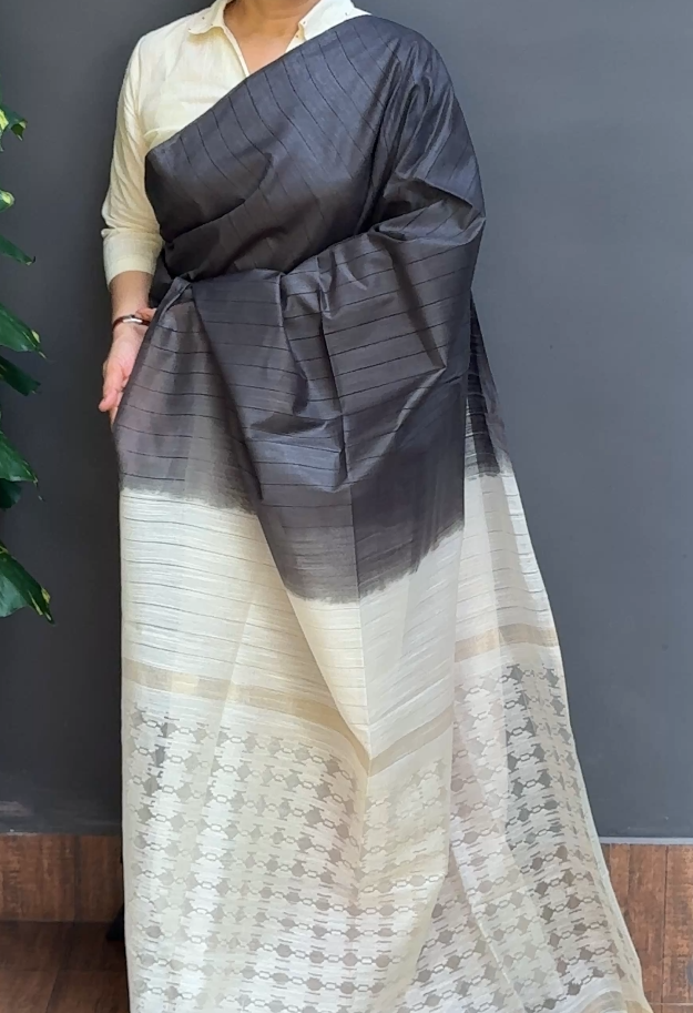 1856SR03 | Greyish Black Soft Semi Tussar Silk Saree W/ Full Body Stripe Pattern W/ Contrast Pallu