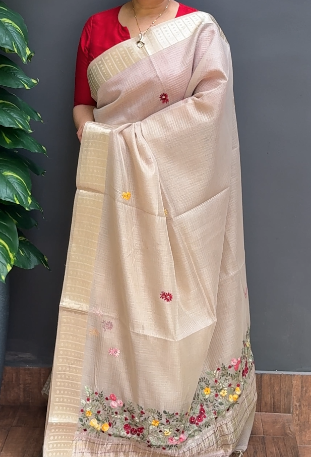 1817SR03 | Light Chikku Tissue Blended Silky Cotta Saree W/ Full Body Multicolor Floral Handwork Motifs W/ Border & Pallu