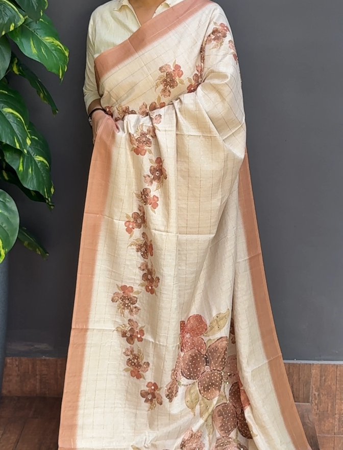 1803SR04 | Pearl Cream Soft Semi Silk Saree W/ Full Body Floral Handwork Motifs W/ Border & Pallu