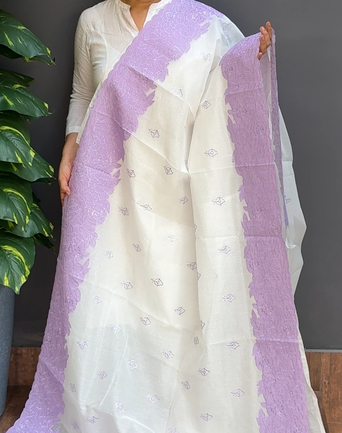 1853SR04 | White Supernet Cotta Saree W/ Full Body Floral Embroidery Motifs-Applique Work Border & Pallu