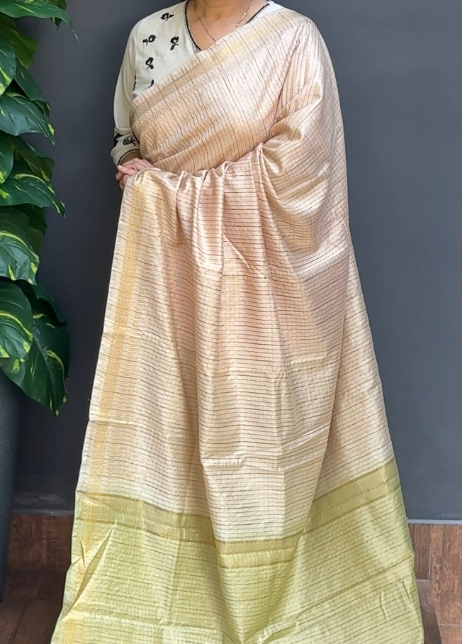 1826SR05 | Ivory Blended Chikku Soft Semi Tussar Silk Saree W/ Full Body Golden Zari Checkered Pattern W/ Border & Contrast Pallu