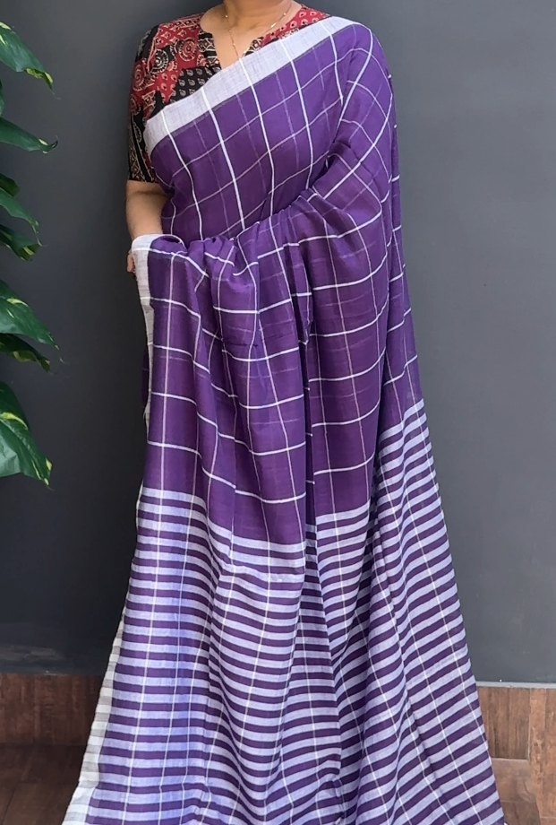 1794SR05 | Violet Soft Pure Cotton Saree W/ Full Body Checkered Pattern W/ Border & Pallu