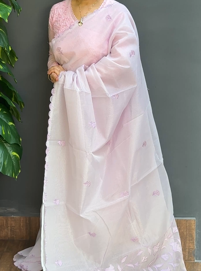 1844SR05 | Lailac Blended Lavender Supernet Cotta Saree W/ Full Body Floral Applique Embroidery Work W/ Scallop Border & Pallu