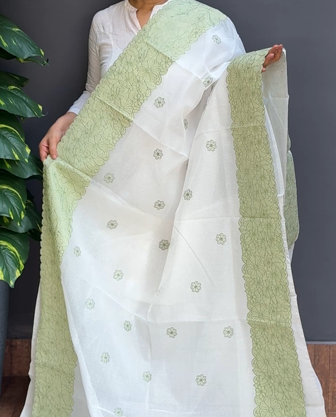 1853SR05 | White Supernet Cotta Saree W/ Full Body Floral Embroidery Motifs-Applique Work Border & Pallu