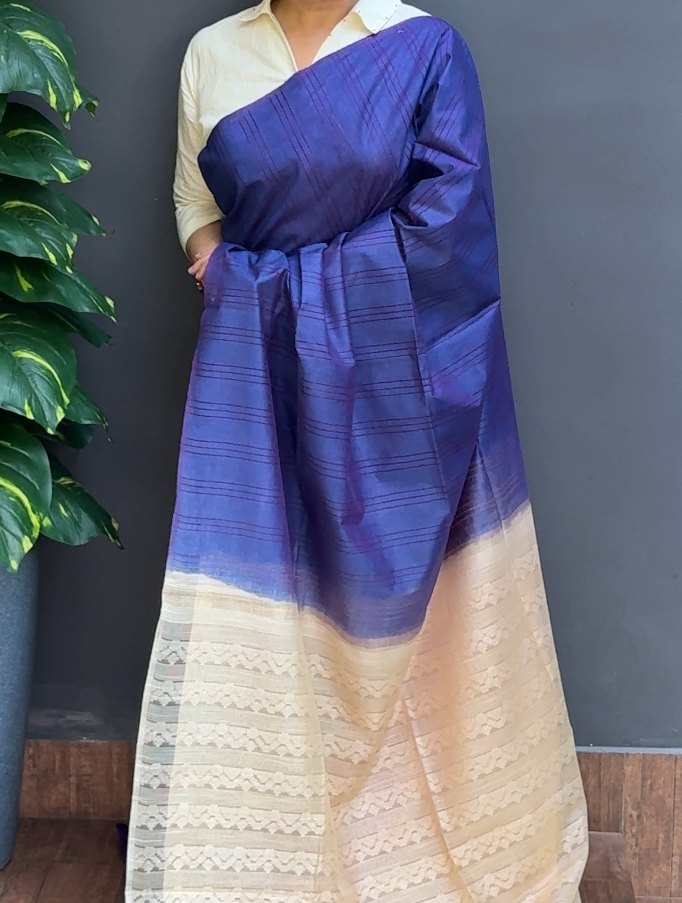 1856SR05 | Blue Soft Semi Tussar Silk Saree W/ Full Body Stripe Pattern W/ Contrast Pallu