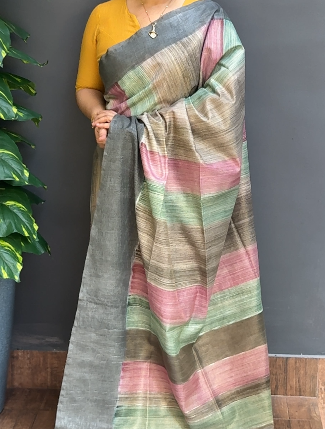 1860SR05 | Multicolor Soft Semi Tussar Saree W/ Full Body Vertical Stripe Pattern W/ Border & Pallu