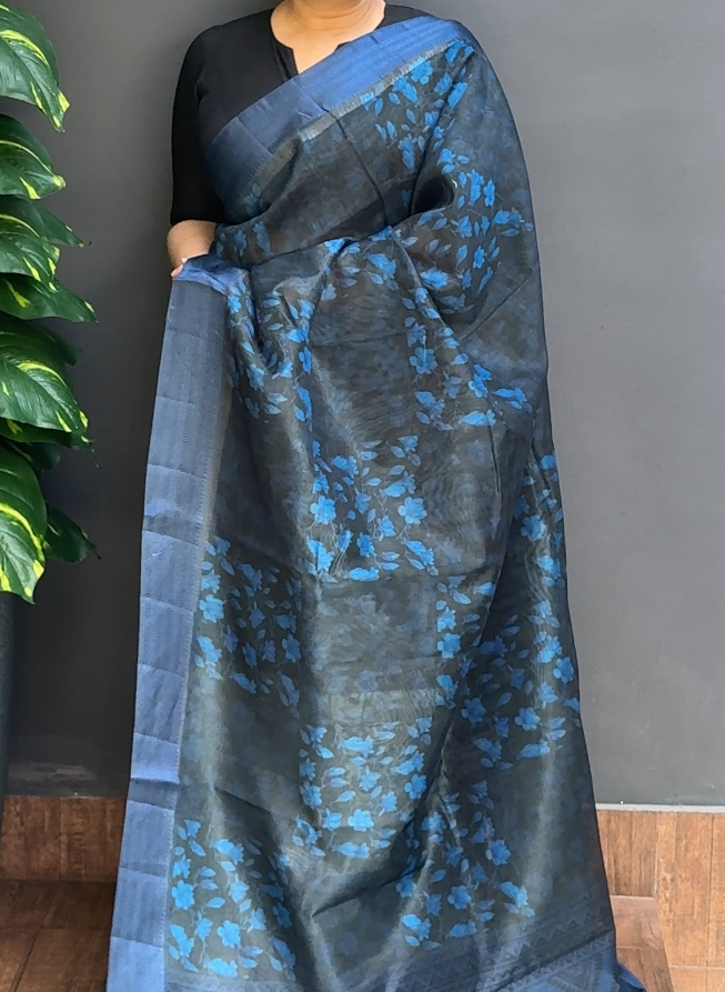 1810SR05 | Black With Blue Supernet Cotta Saree W/ Full Body Floral Design W/ Border & Pallu