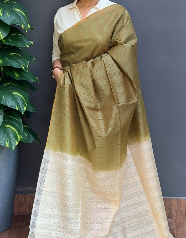 1856SR06 | Mehandi Green Soft Semi Tussar Silk Saree W/ Full Body Stripe Pattern W/ Contrast Pallu