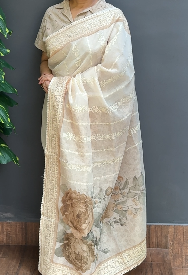 1857SR06 | Ivory Cream Silky Cotta Saree W/ Full Body Thread Woven Pattern W/ Border & Pallu