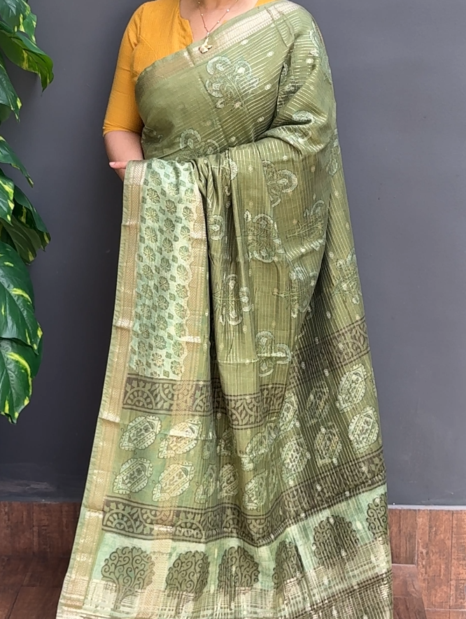 1808SR07 | Mehandi Green Soft Semi Silk Saree W/ Full Body Horizontal Line Pattern-Floral Design W/ Border & Pallu