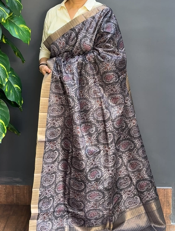 1564SR07 | Greyish Black Soft Semi Tussar Saree W/ Full Body Gold Zari Woven Checkered Pattern-Paisely Motifs W/ Border & Pallu