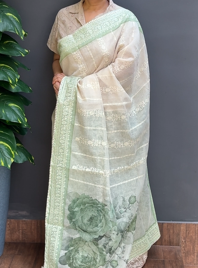 1857SR07 | Ivory Cream Silky Cotta Saree W/ Full Body Thread Woven Pattern W/ Border & Pallu
