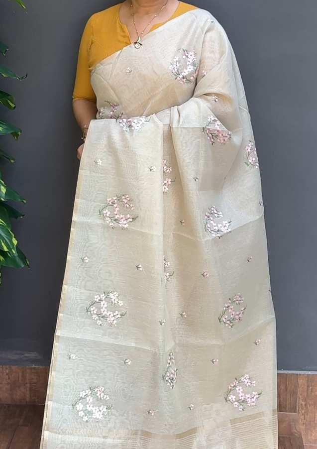 1860SR07 | Ivory Cream Tissue Chanderi Saree W/ Full Body Floral Thread Embroidery Work W/Border & Pallu