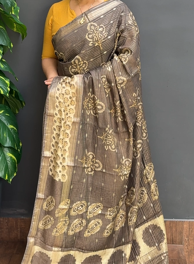 1808SR08 | Brown With Beige Soft Semi Silk Saree W/ Full Body Horizontal Line Pattern-Floral Design W/ Border & Pallu