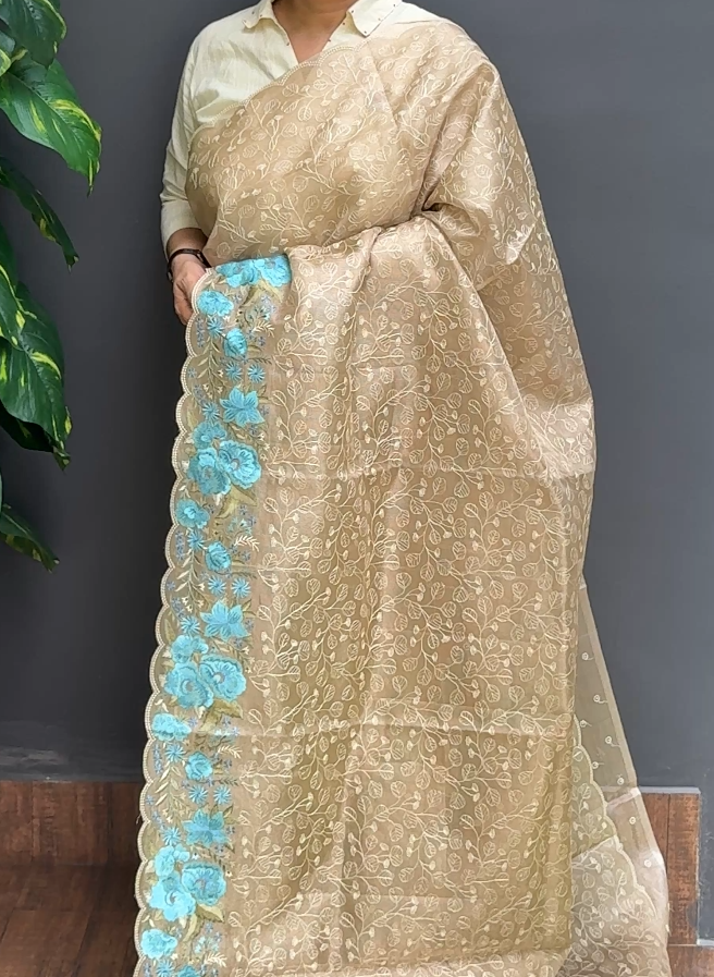 1803SR08 | Chikku Blended Beige Tissue Saree W/ Full Body Floral Thread Embroidery Work W/ Border & Pallu