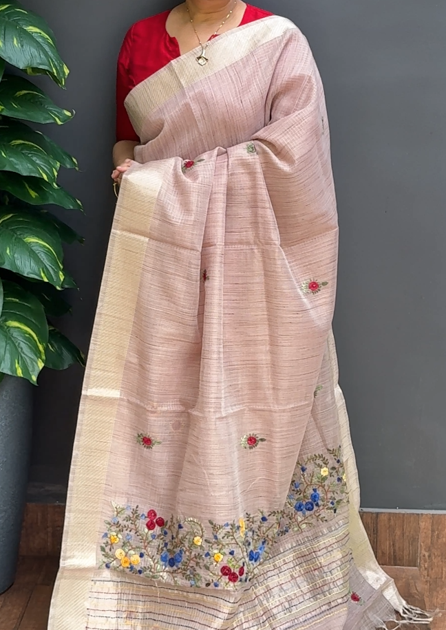 1817SR08 | Tinted Baby Pink Tissue Blended Silky Cotta Saree W/ Full Body Multicolor Floral Handwork Motifs W/ Border & Pallu