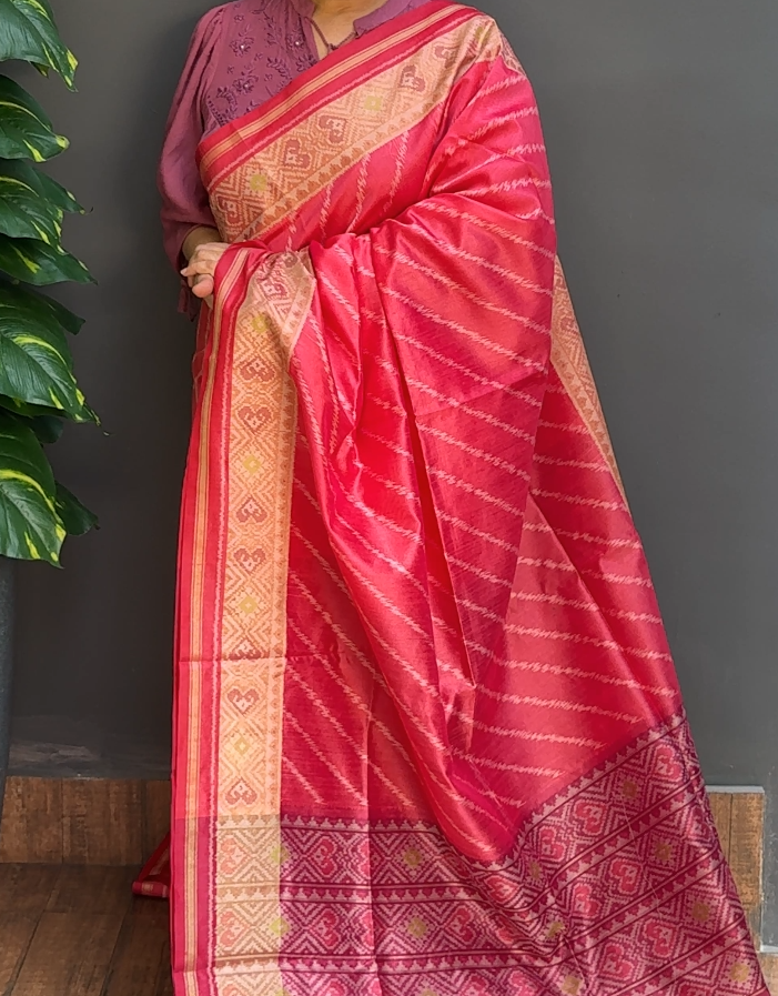 1813SR08 | Coral Peach With Persian Rose Soft Semi Tussar Saree W/ Full Body Thread Woven Lehariya Design W/ Border & Pallu