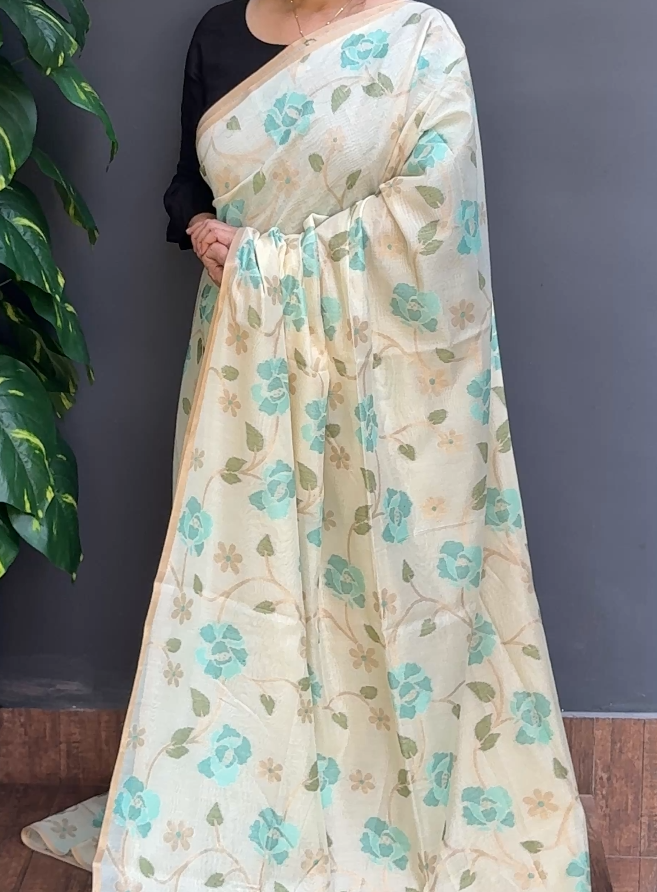 1845SR09 | Pearl Cream Pure Chanderi Saree W/ Full Body Multicolor Floral Jamdhani Thread Woven Design W/ Border & Pallu