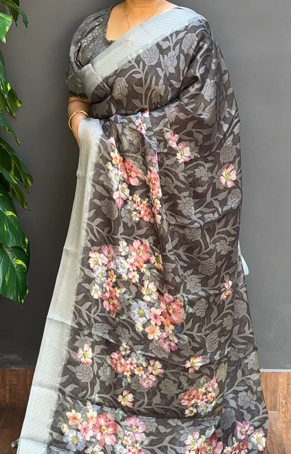 1843SR09 | Greyish Black Brasso Saree W/ Full Body Multicolor Floral Digital Print W/ Border & Pallu