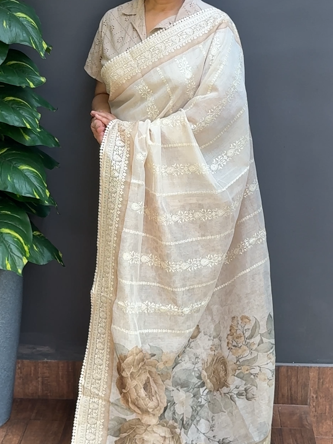 1857SR09 | Pearl Cream Silky Cotta Saree W/ Full Body Thread Woven Pattern W/ Border & Pallu