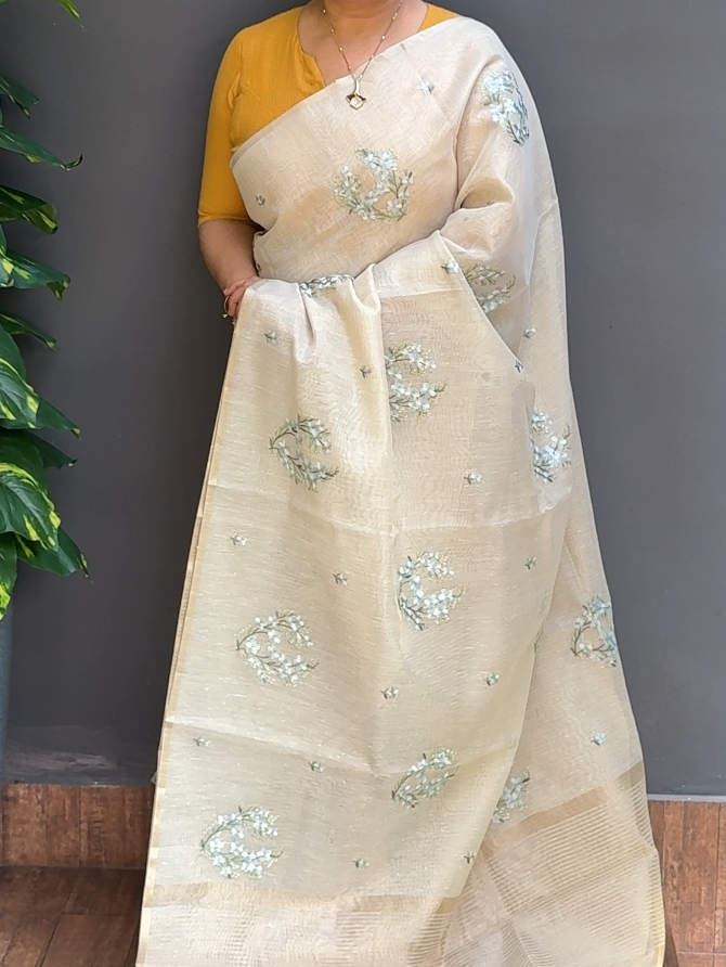 1860SR09 | Ivory Cream Tissue Chanderi Saree W/ Full Body Floral Thread Embroidery Work W/Border & Pallu