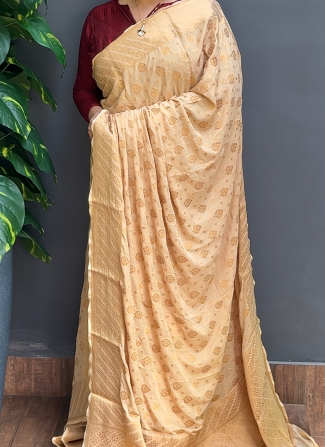 1819SR09 | Chikku Soft Semi Banarasi Silk Saree W/ Full Body Floral Design W/ Border & Pallu