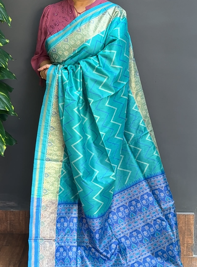 1813SR09 | Turquoise Green With Royal Blue Soft Semi Tussar Saree W/ Full Body Thread Woven Zig-Zag Pattern W/ Border & Pallu