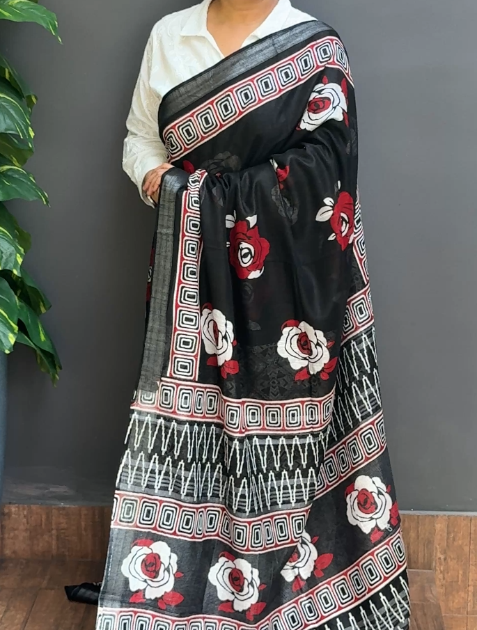 1886SR01 | Black Soft Linen Cotton Saree W/ Full Body Floral Design W/ Border & Pallu