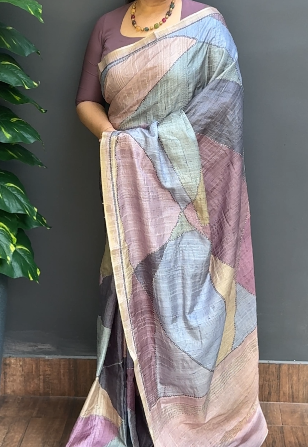 1874SR01 | Multicolor Soft Semi Tussar Silk Saree W/ Full Body Geometrical Abstract Design-Kantha Work W/ Border & Pallu