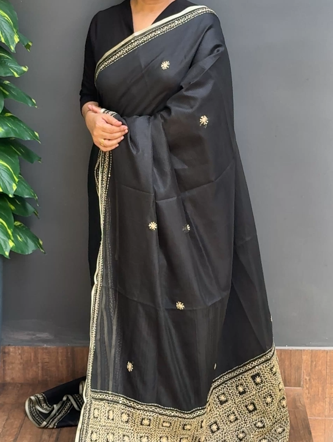 1881SR01 | Jet Black Soft Silky Cotta Saree W/ Full Body Kutch Work W/ Border & Pallu