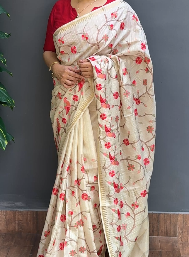 1864SR01 | Pearl Cream Soft Semi Jute Silk Saree W/ Full Body Multicolor Floral-Figure Embroidery Work W/ Border & Pallu