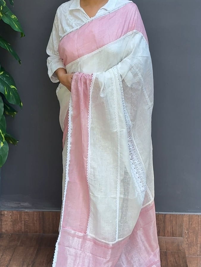 1911SR01 | Off-Cream With Baby Pink Pure Linen Saree W/ Full Body Crochet Lace Work Border & Pallu