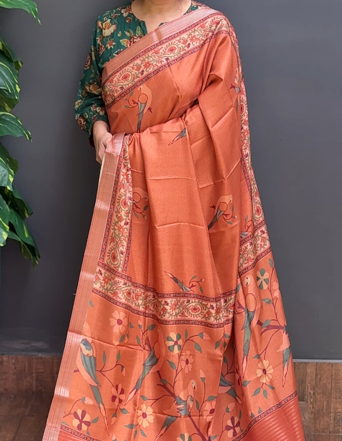 1888SR01 | Rustic Orange Soft Semi Silk Saree W/ Full Body Floral-Figure Motifs W/ Border & Pallu