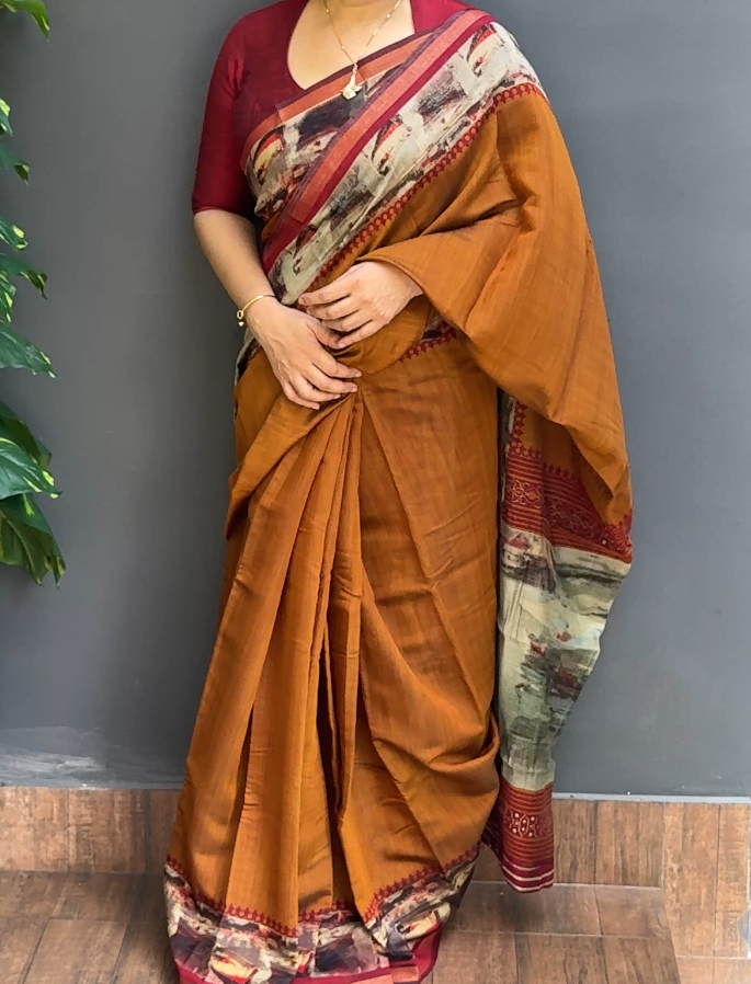 1861SR01 | Brownish Mustard Soft Semi Silk Saree W/ Digital Printed Border & Pallu