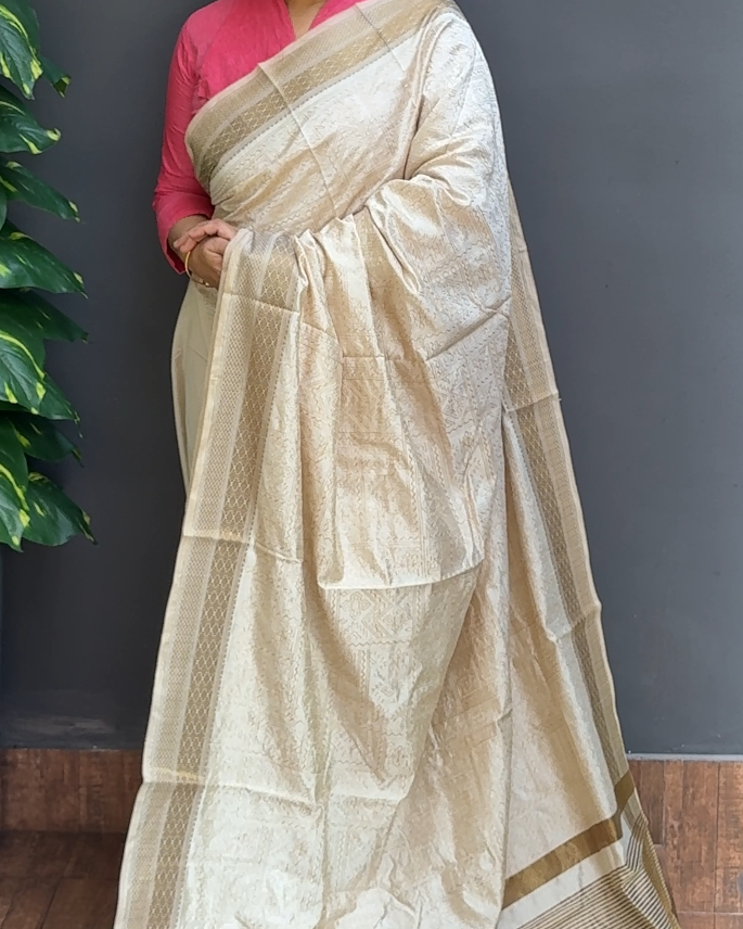 1891SR10 | Pearl Cream Semi Tussar Saree W/ Full Body Thread Woven Design W/ Border & Pallu
