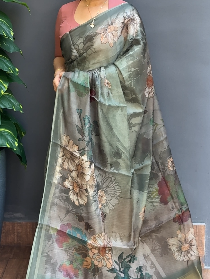 1852SR10 | Metalic Green Organza Saree W/ Full Body Multicolor Floral Design W/ Border &Pallu