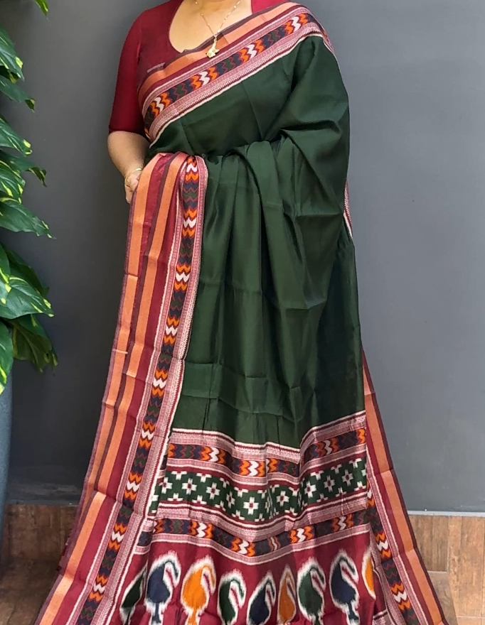 1861SR11 | Deepest Bottle Green Soft Semi Silk Saree W/ Ikkath Printed Border & Pallu